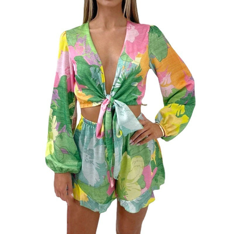 Art Colors Printed Cardigan Top Shorts Two-piece Set