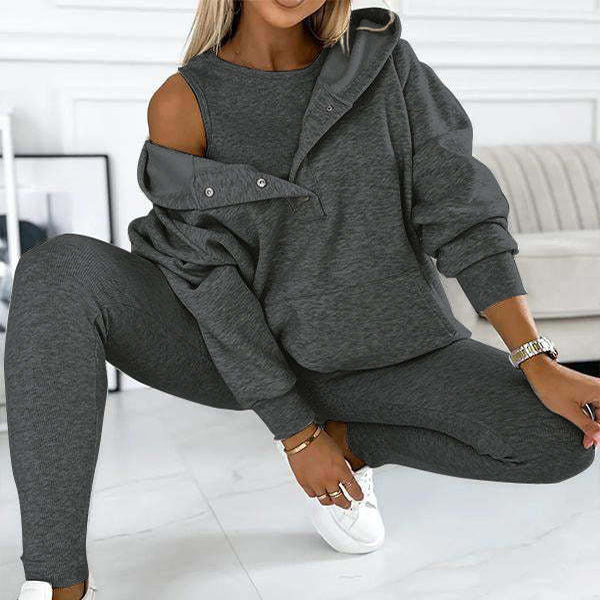 Sporty 3-Piece Suit w/ Loose Hooded Pockets Sweatshirt, Tank Top & Slim Trousers