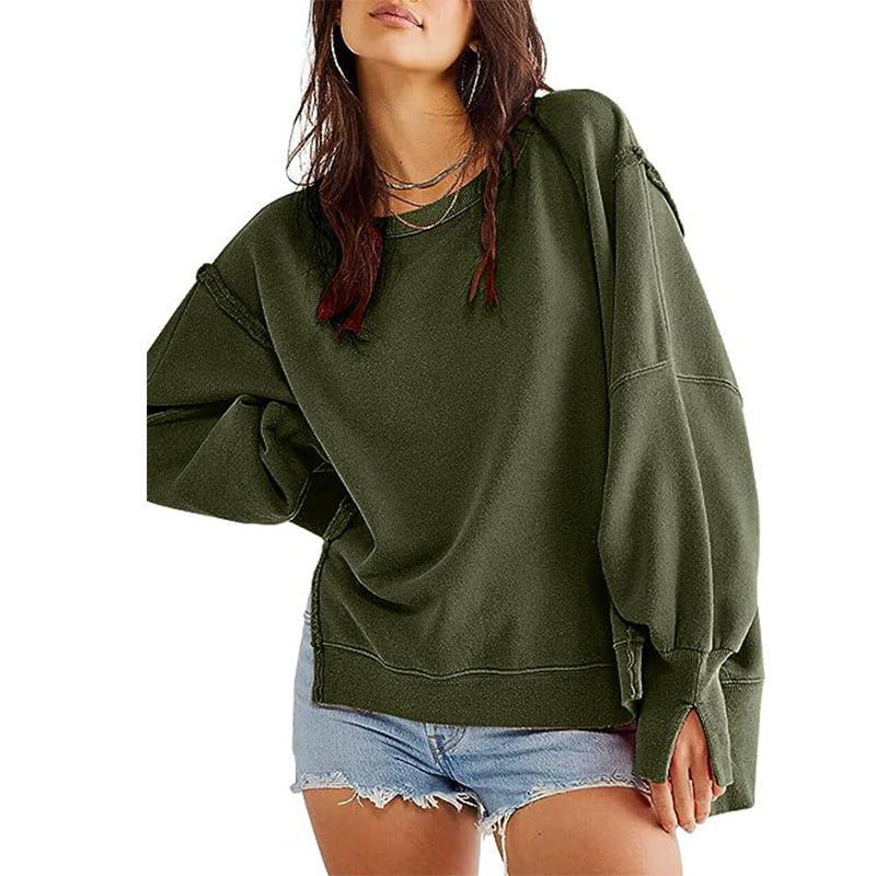 Sweatshirt Loose Round Neck Side Slit Long Sleeves Pullover Top