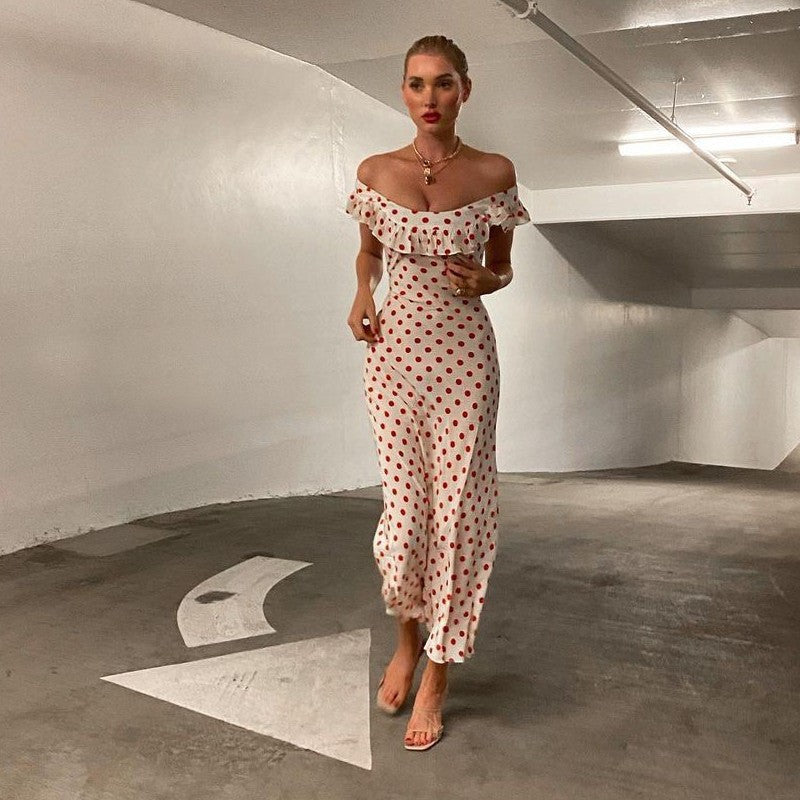 Ruffle Off-shoulder Polka Dot Print Silk Dress
