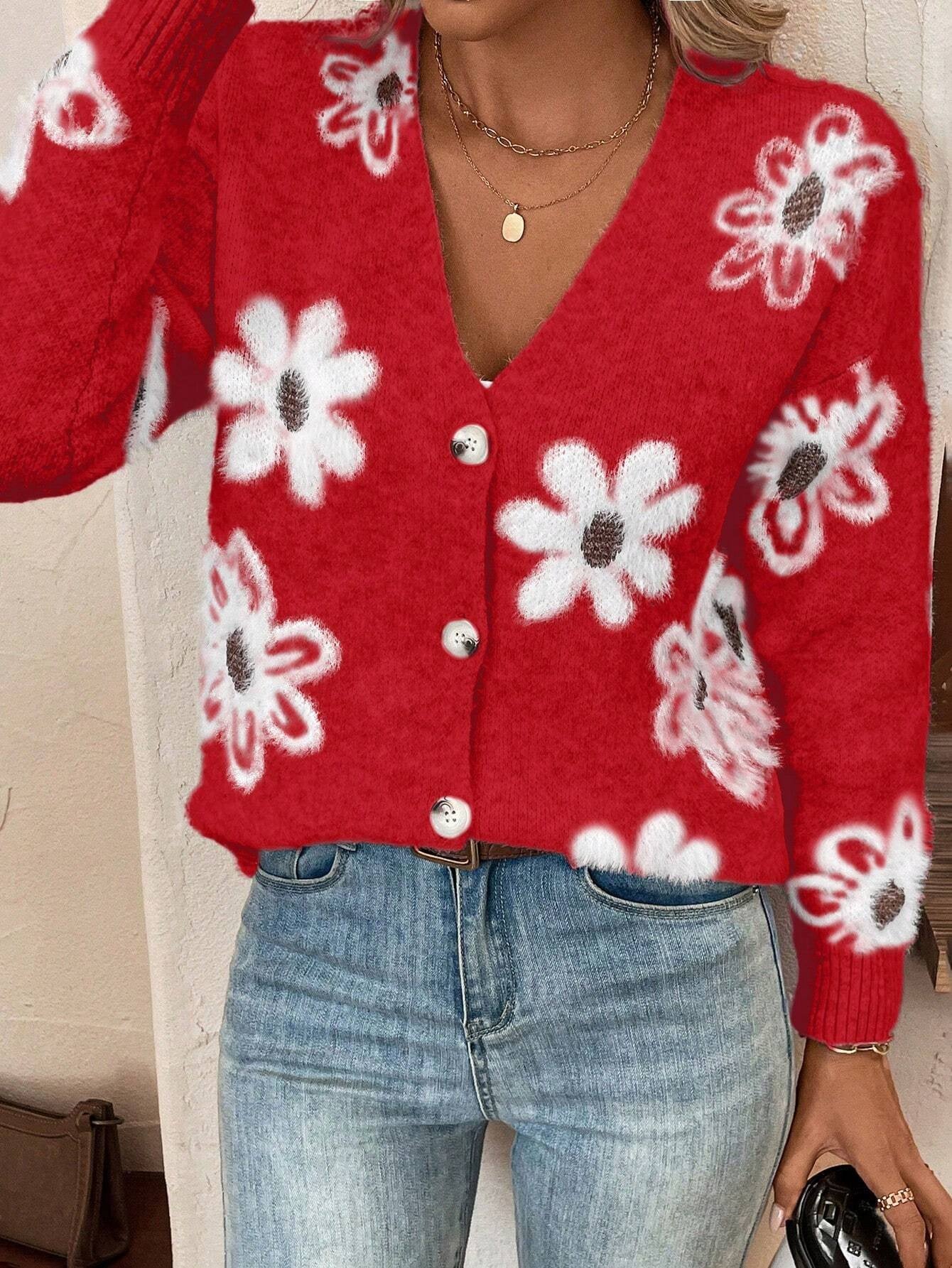 Floral Knit V neck Cardigan with Long Sleeve