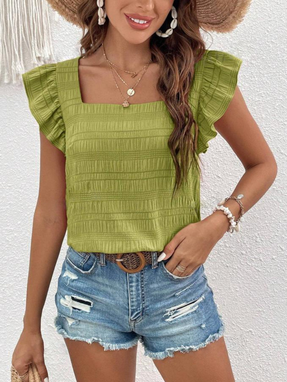 Ruffled Blouse with Square Neck & Cap Sleeve