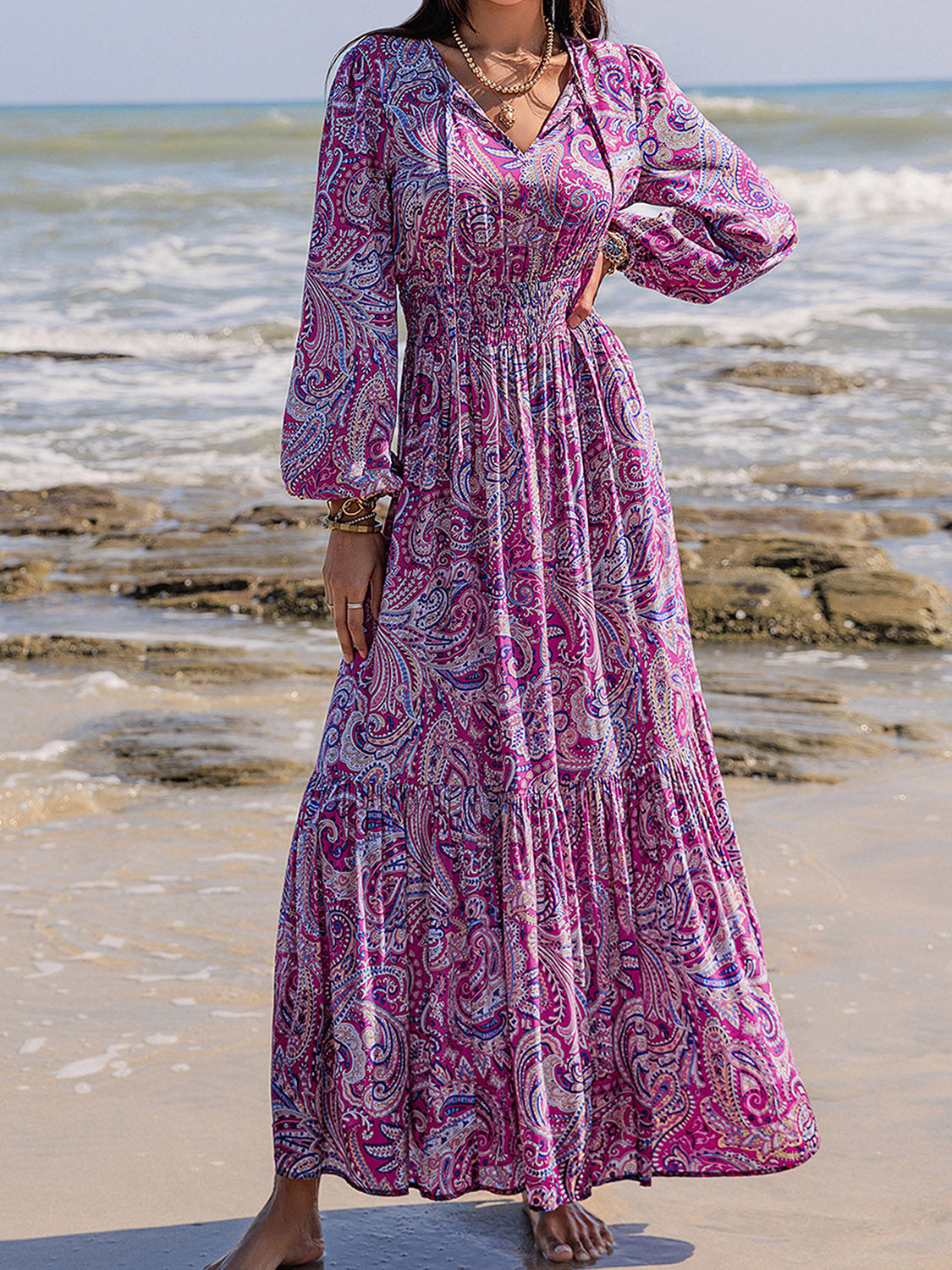 Abstract Purple Printed Balloon Maxi Dress with & Long  Sleeves