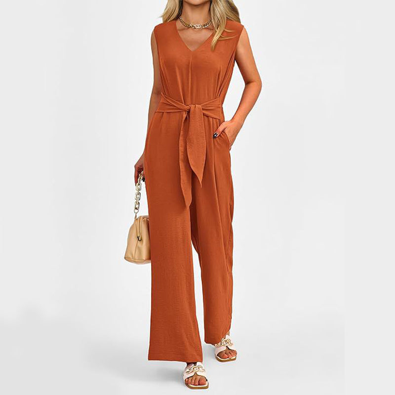 Summer Women V-neck Long Wide-Leg  Jumpsuit w/ Pockets