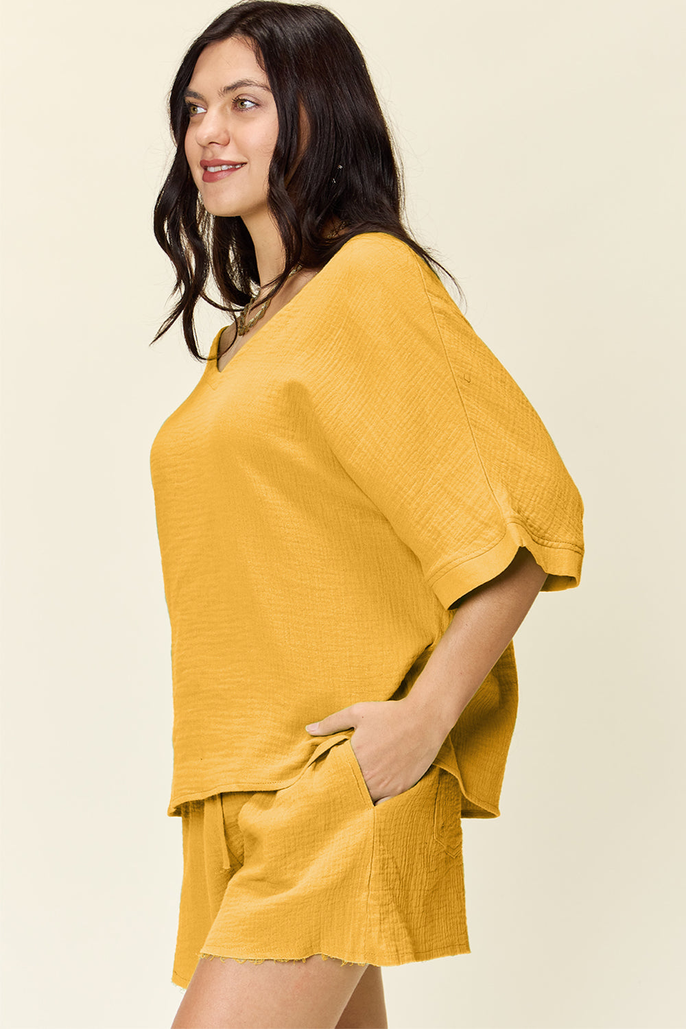 Double Take Texture T-Shirt and Drawstring Shorts Set