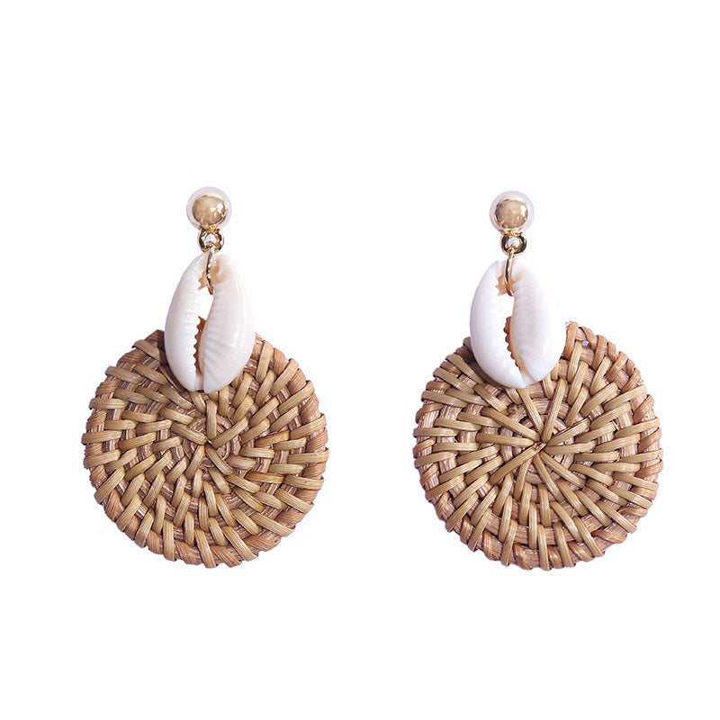 Handmade Boho Round Shell Rattan Woven Earrings.