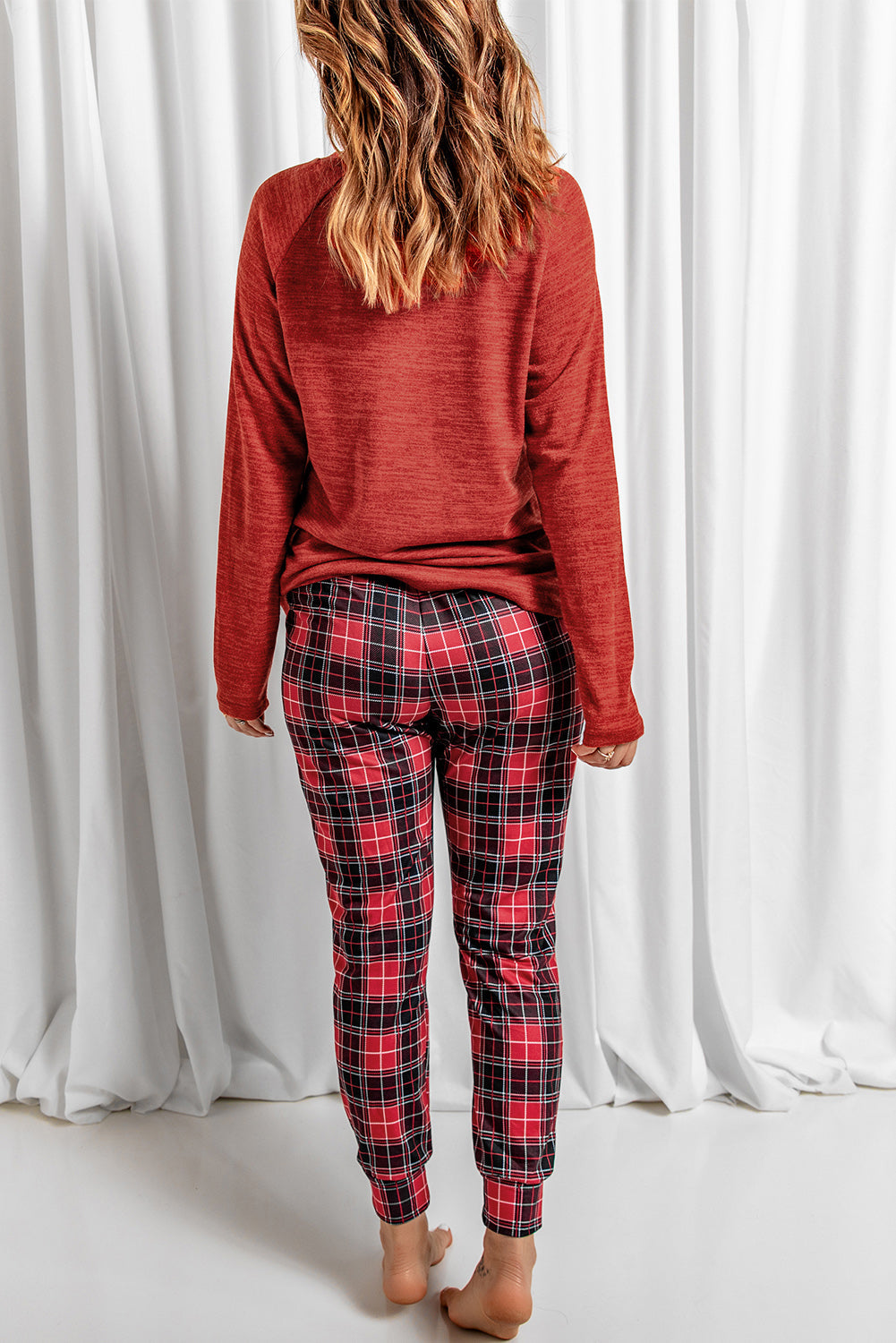 Weekend Vibes Round Neck Top Plaid Pants Lounge Set