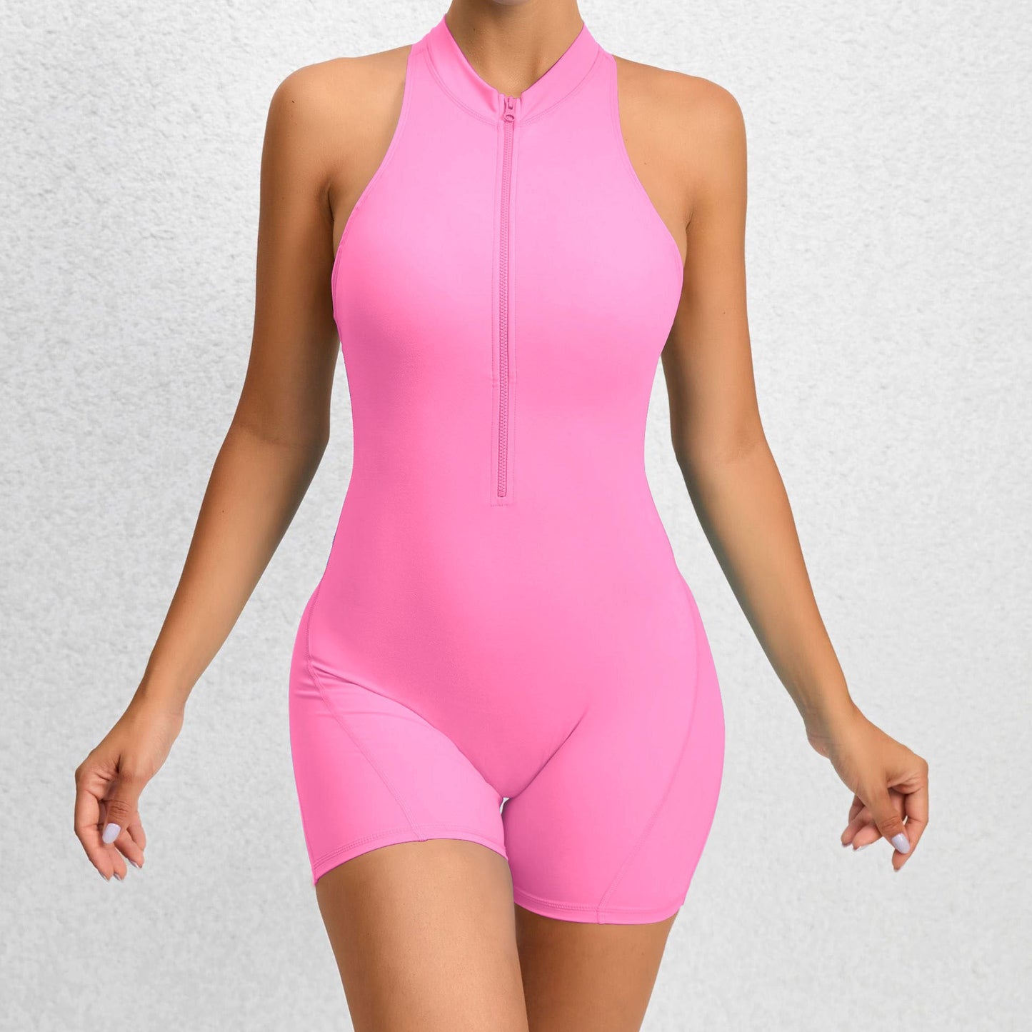 Modern Zippered Fitness Sleeveless Jumpsuit w/ Tummy Control & Stretch Shape-Wear, Butt Lifting Technology