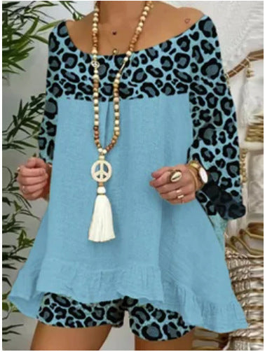 Leopard Print Stitching Loose Large Size 2 Piece Suit