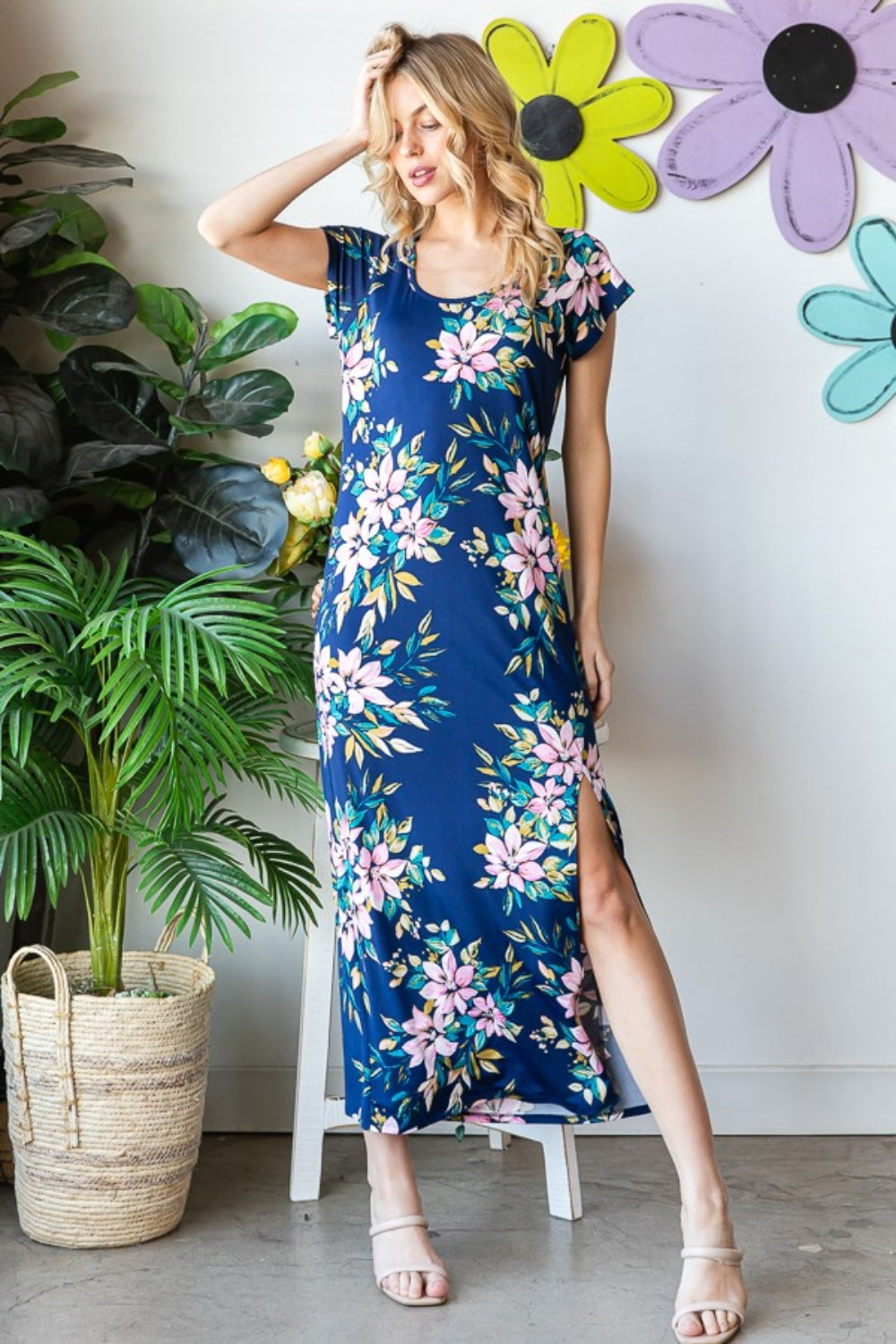 Floral Blue Maxi Dress  Short Sleeve