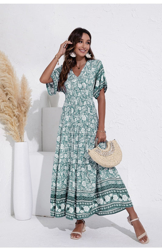 Beach Floral Retro Art Cotton  V-Neck Dress  w/ Short  Sleeve