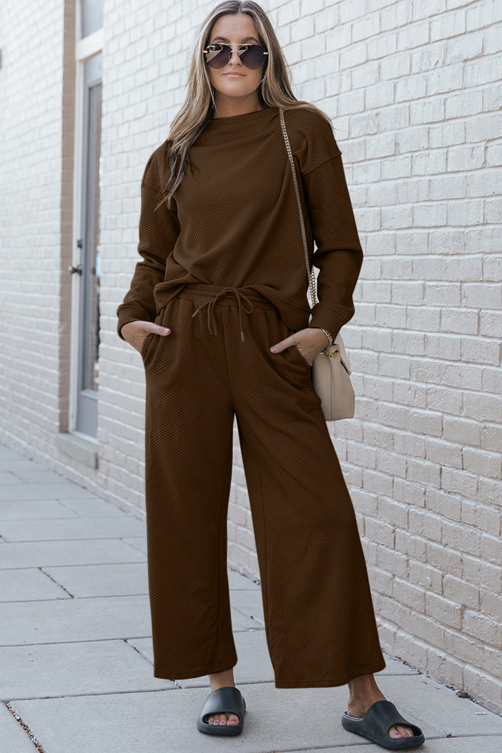 Luxe Loungewear Textured Long Sleeve Top and Drawstring Pants Set