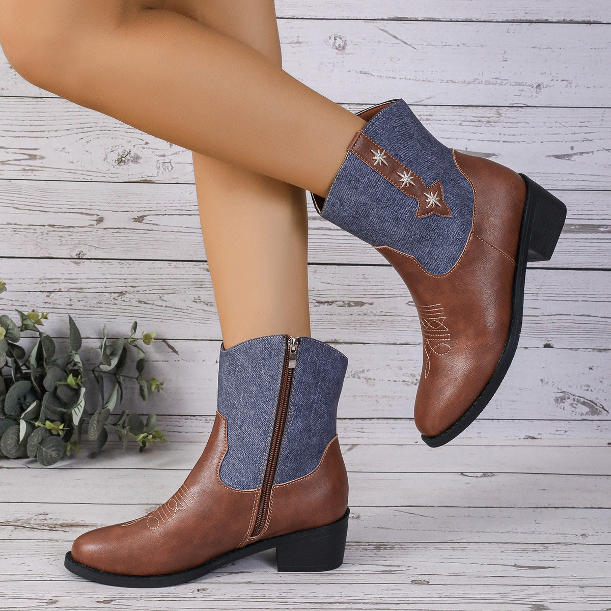Retro Chelsea Denim Patchwork Western Cowboy Boots