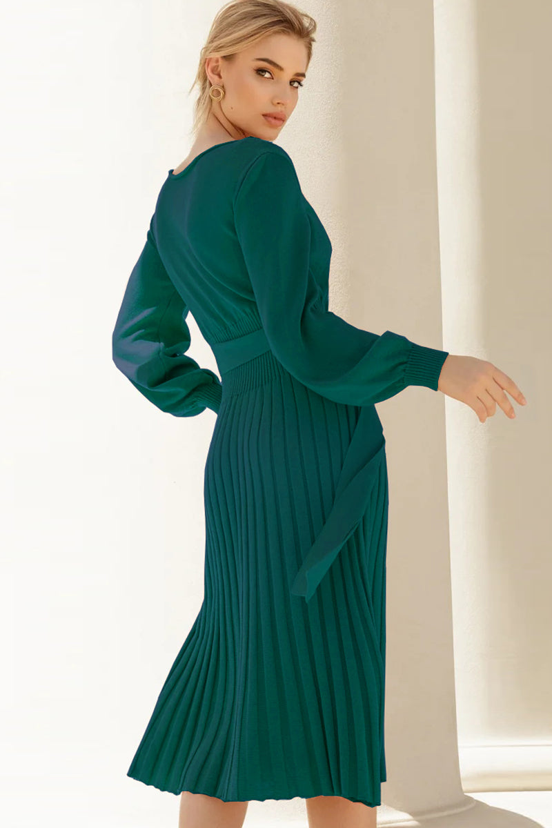 Round Neck Long Sleeve Pleated Midi Sweater Dress