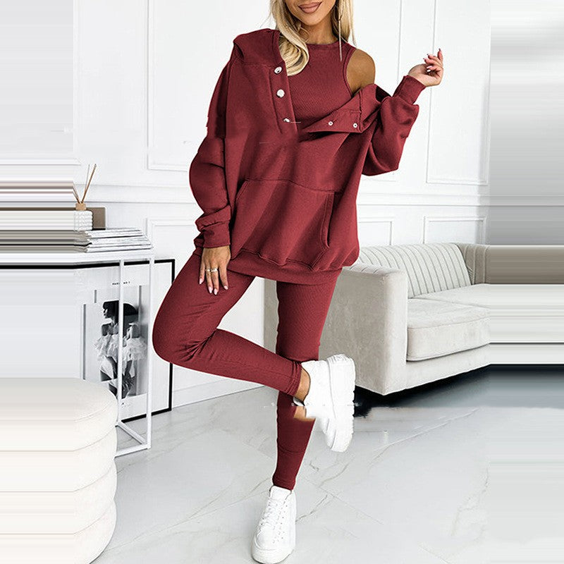 Sporty 3-Piece Suit w/ Loose Hooded Pockets Sweatshirt, Tank Top & Slim Trousers
