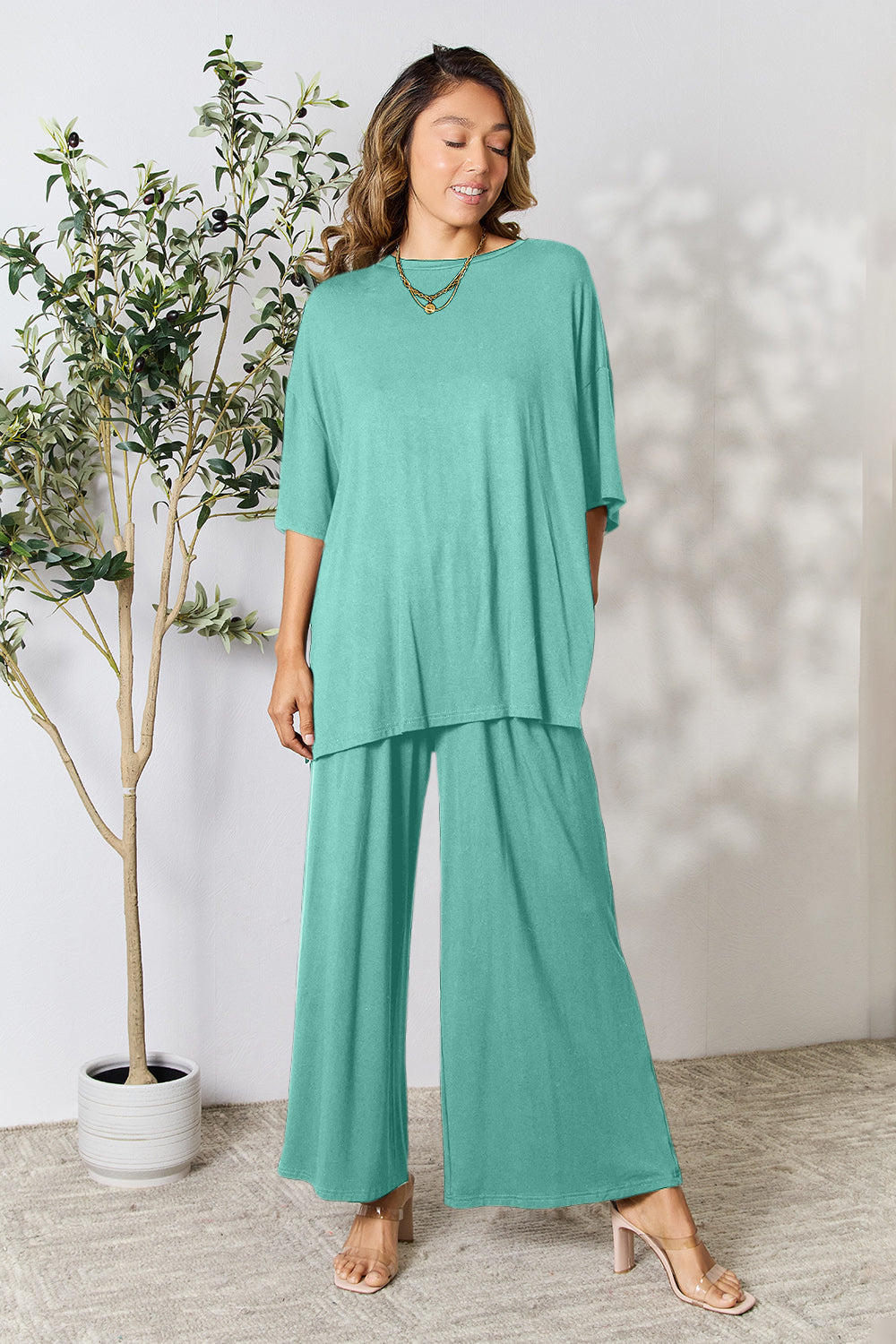 Trendy Duo Full Size Round Neck Slit Top and Pants Set