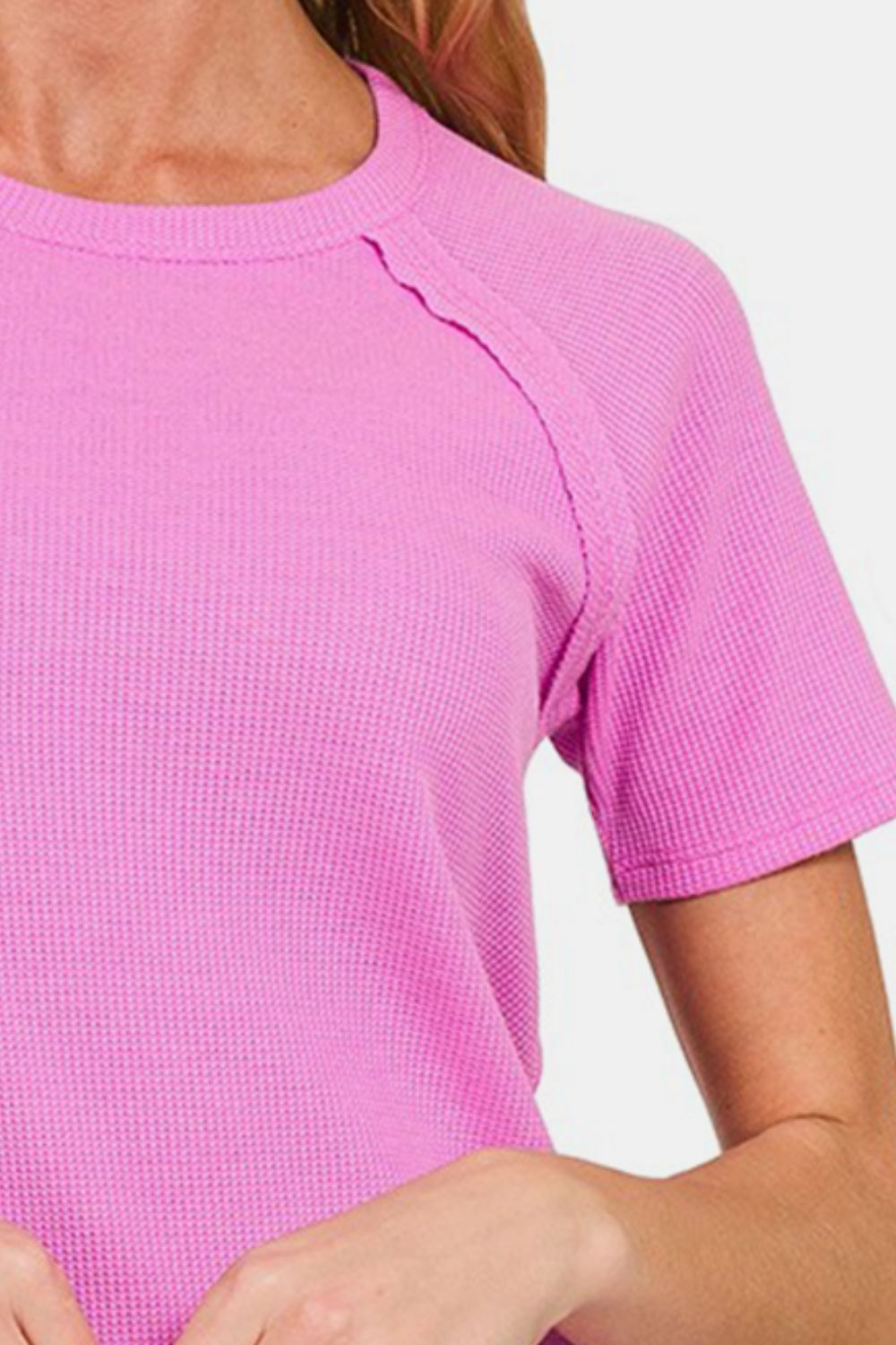 Pink Round  Neck Waffle T-Shirt with Neck Short