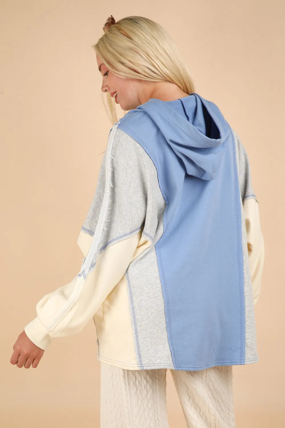 Creamy Blue Color Block Half Button Hoodie