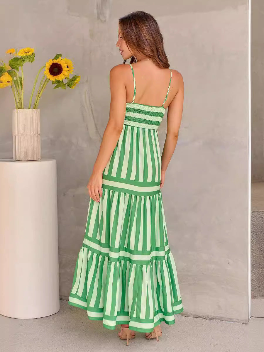 Summer Striped Printed Square Neck  Long  Backless Dress With Pockets