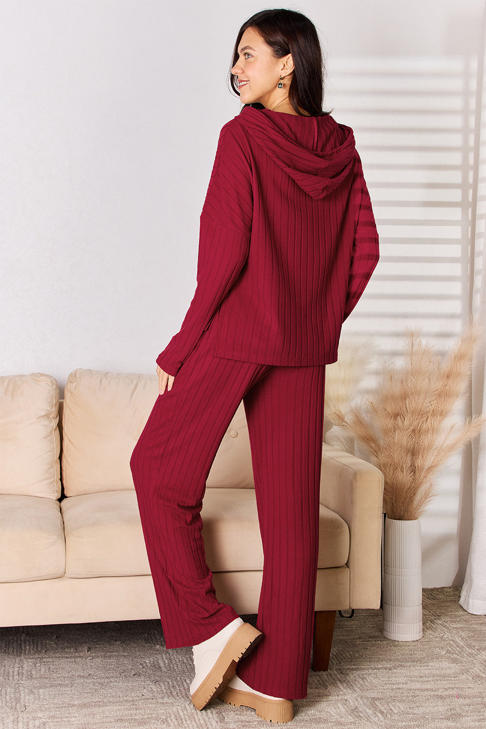 Lounge Essential Ribbed Hooded Top and Straight Pants Set