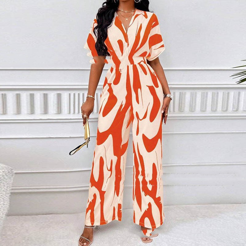 Bold Print V-neck Loose Printed Long Jumpsuit