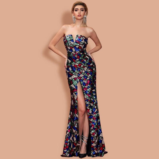 Be Fabulous Multi Color Sequin V Neck Off Shoulder Maxi Dress