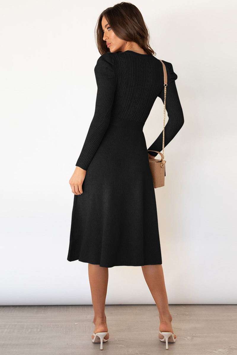 Round Neck Long Sleeve Tie Waist Midi Sweater Dress