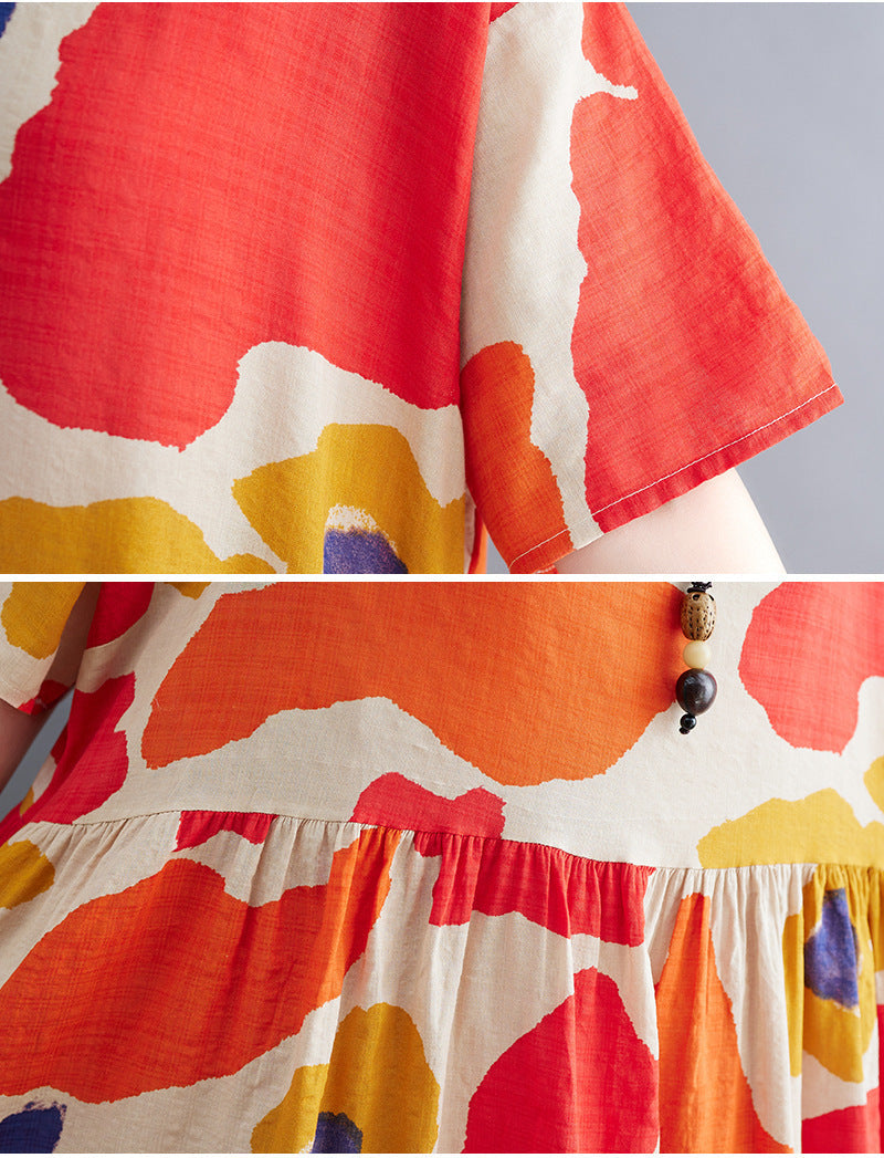 Orange Flower  Linen Dress  One Size