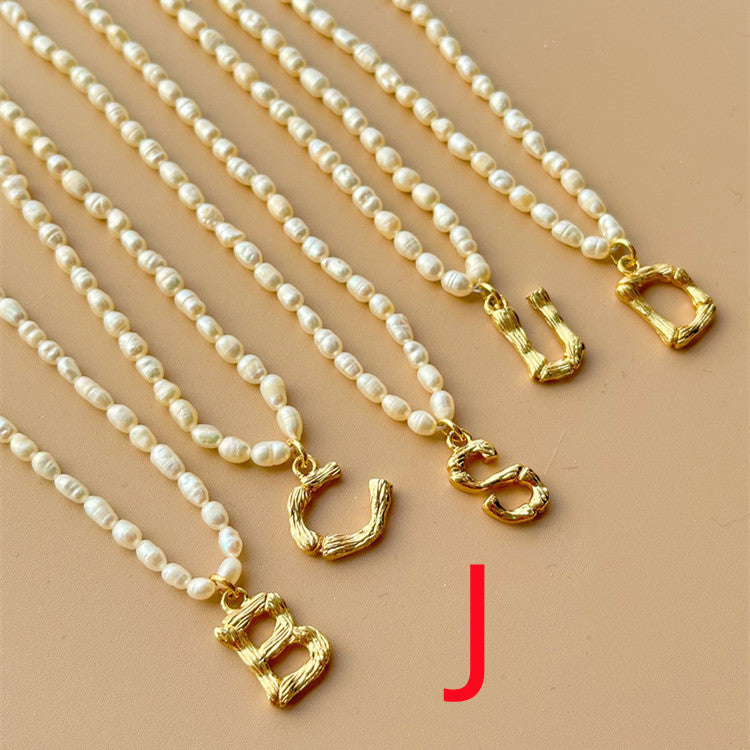 Custom Personalized Natural Freshwater Grain Pearl Letter Necklace Vintage Classic.