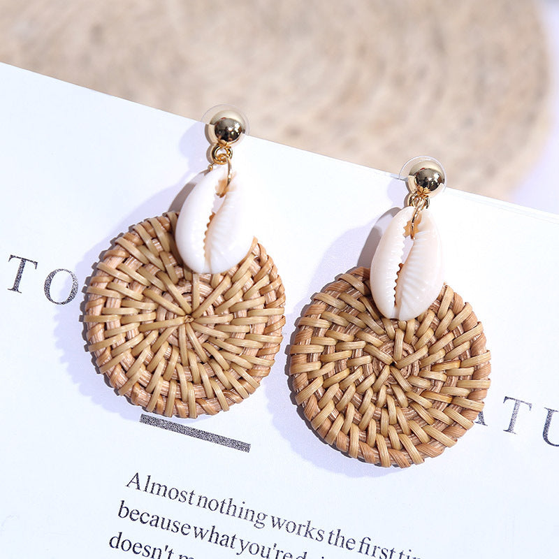 Handmade Boho Round Shell Rattan Woven Earrings.