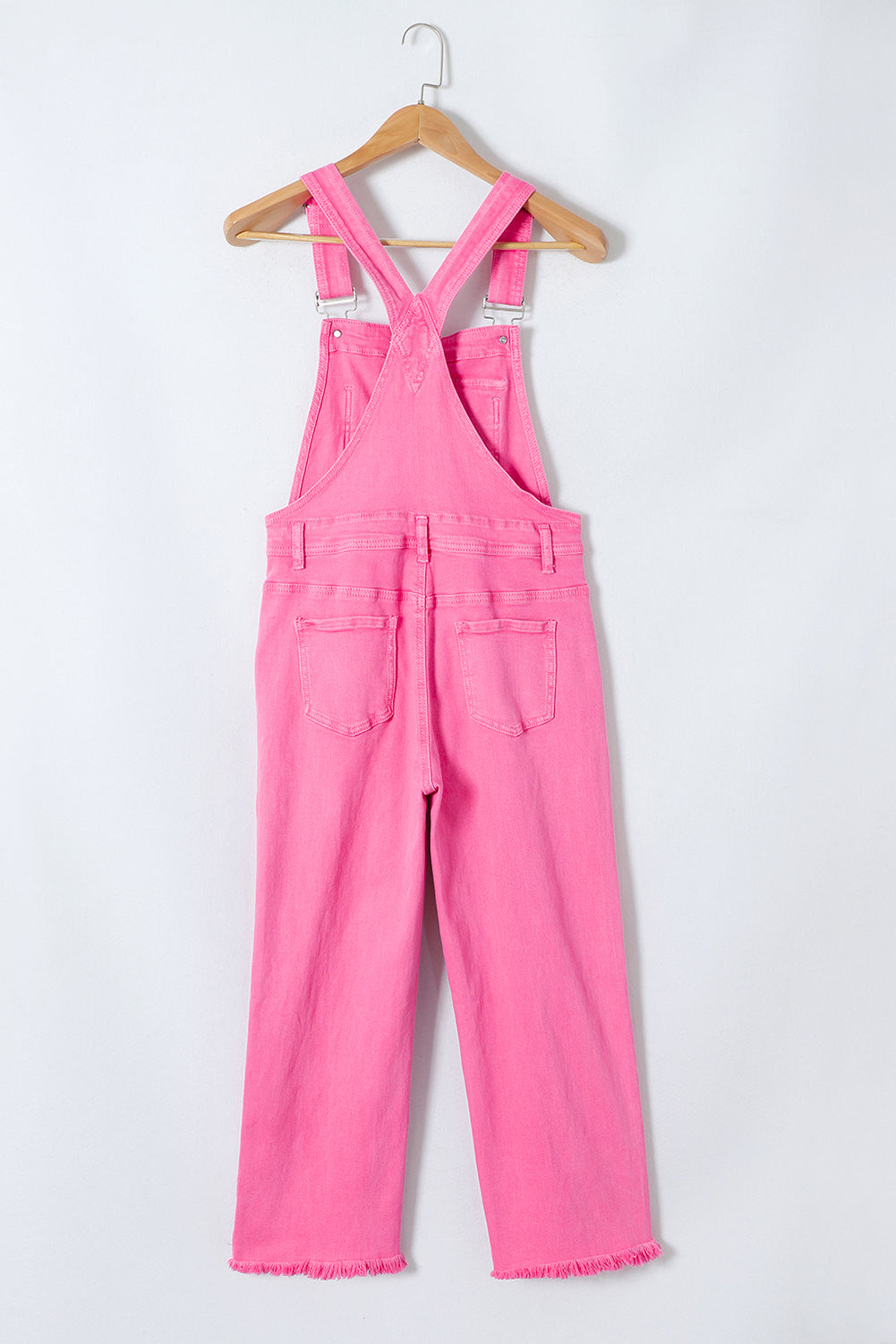 Fuchsia Pink Distressed Pocketed Wide Strap Denim Overalls