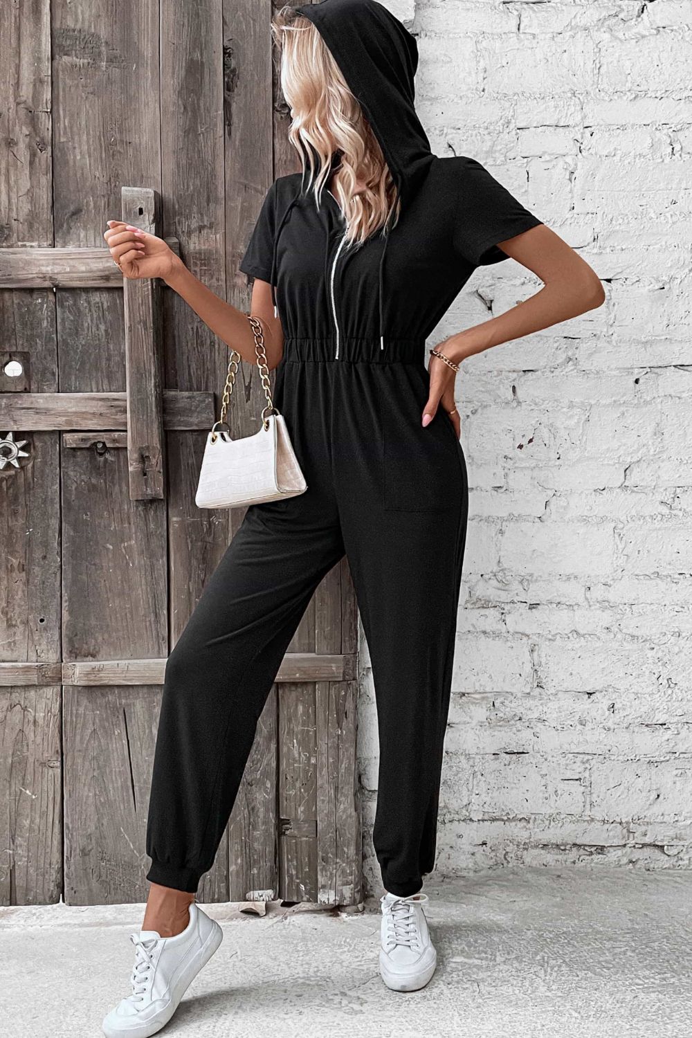 Zip-Up Short Sleeve Hooded Jumpsuit w/Pockets