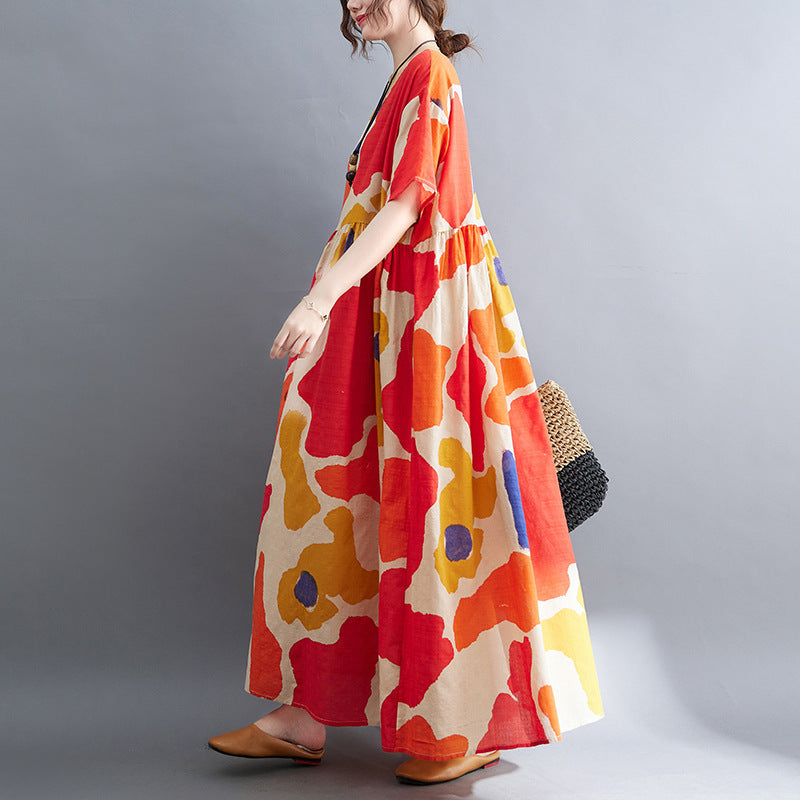 Orange Flower  Linen Dress  One Size