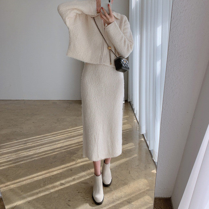 Plush Knitted Cardigan Coat with Skirt Two-Piece Set