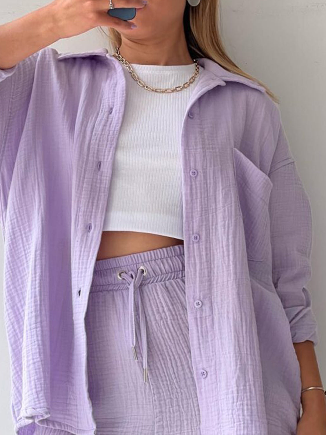 Casual Texture Button-Up Shirt and Drawstring Shorts Set