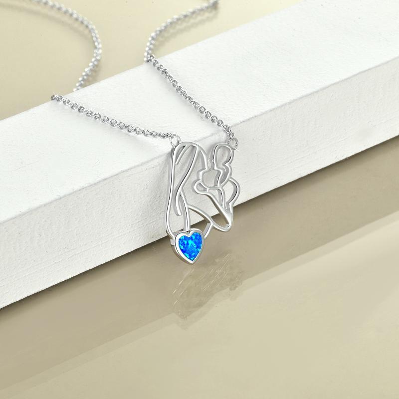 Hugging Mother/Child Unbreakable Bond Blue Opal Heart 925 Silver Necklace - Perfect Mother Gifts!