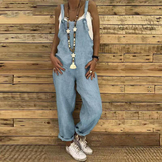 Breezy Linen  Long Sleeveless Denim Jumpsuit