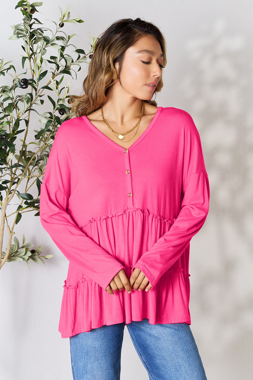Comfy Ruffle Hem  Double Take Half Button Blouse & Long Sleeve