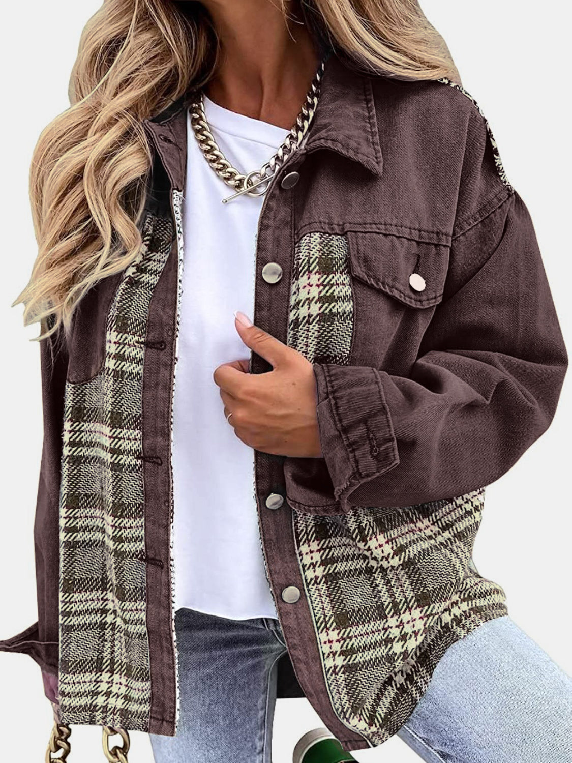 Black White Plaid Button Up Dropped Shoulder Denim Jacket