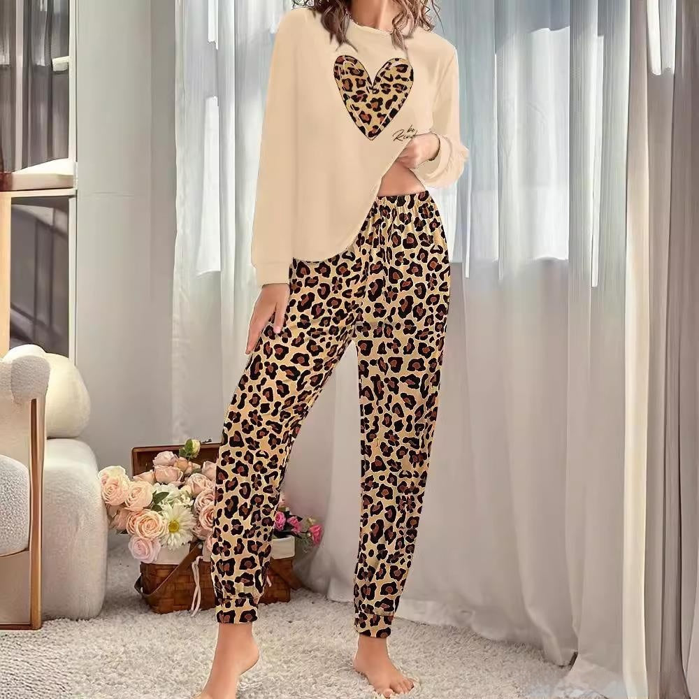 Urban Style Two-piece Heart Suit with Printed Round Neck Long Sleeve Top & Pants