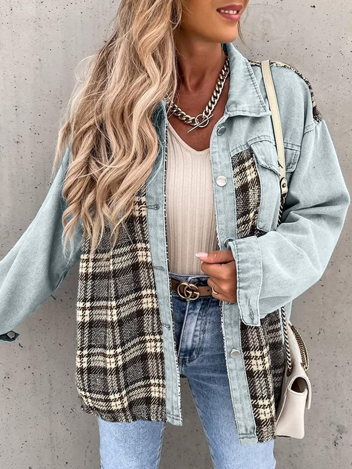 Black White Plaid Button Up Dropped Shoulder Denim Jacket