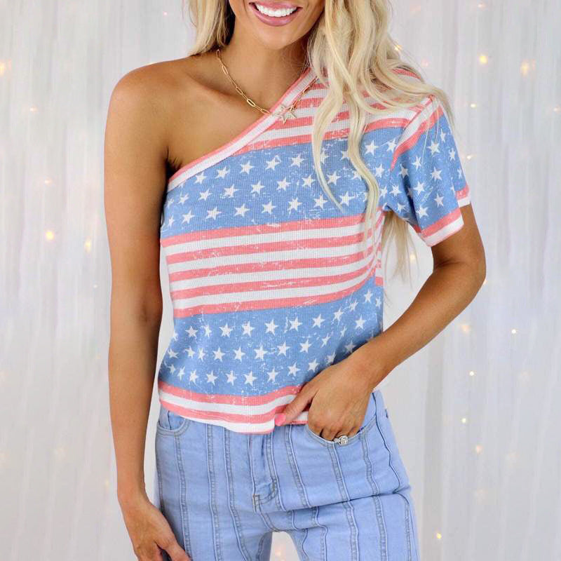 America Flag Printed Slanted Shoulder Top