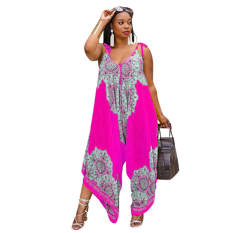 Printed Vibrant Fashion Loose Suspenders Jumpsuit