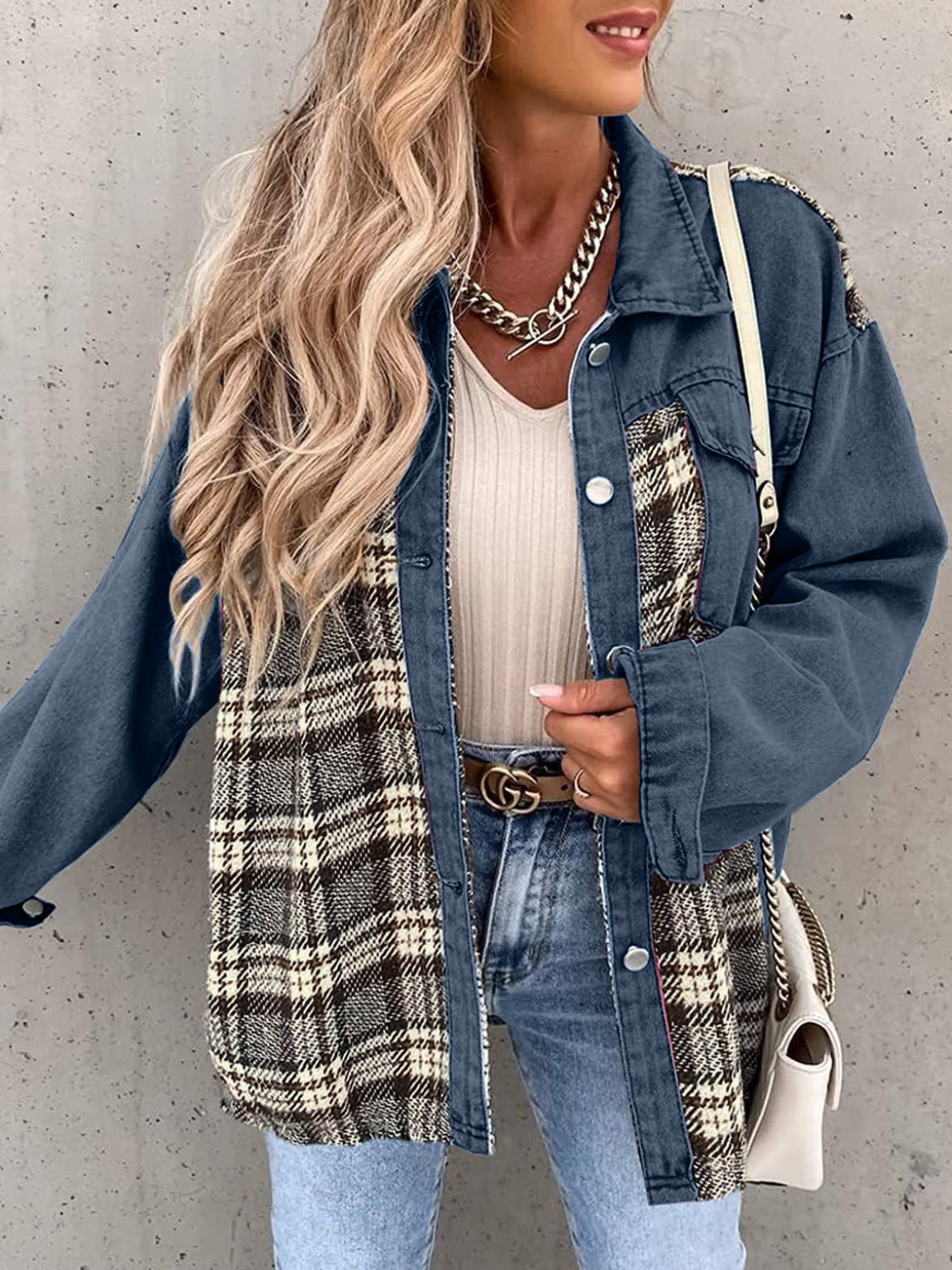 Black White Plaid Button Up Dropped Shoulder Denim Jacket