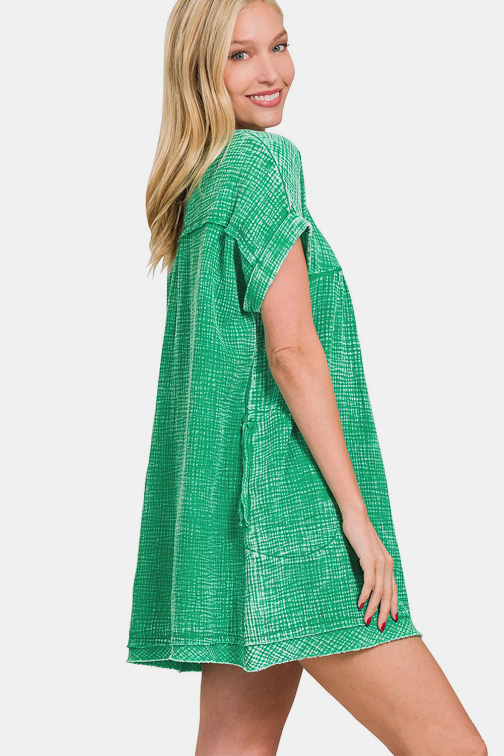 Vibrant Green Washed Notched Short Sleeve Mini Dress