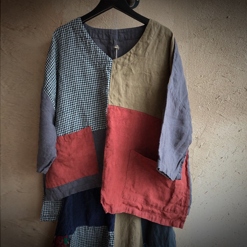 Vintage Patchwork Linen Loose 2 Piece Casual Set