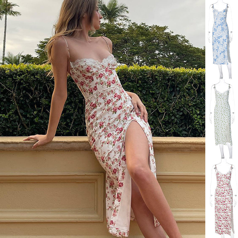 Lace Flowers Print Long Slit Suspender Dress