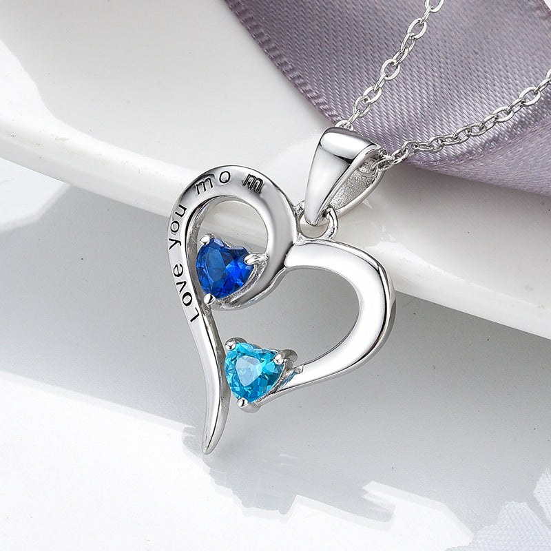 LOVE YOU MOM Sterling Silver Pendant Necklace with 2 Beautiful Gemstones - Mother's Day, Birthday.