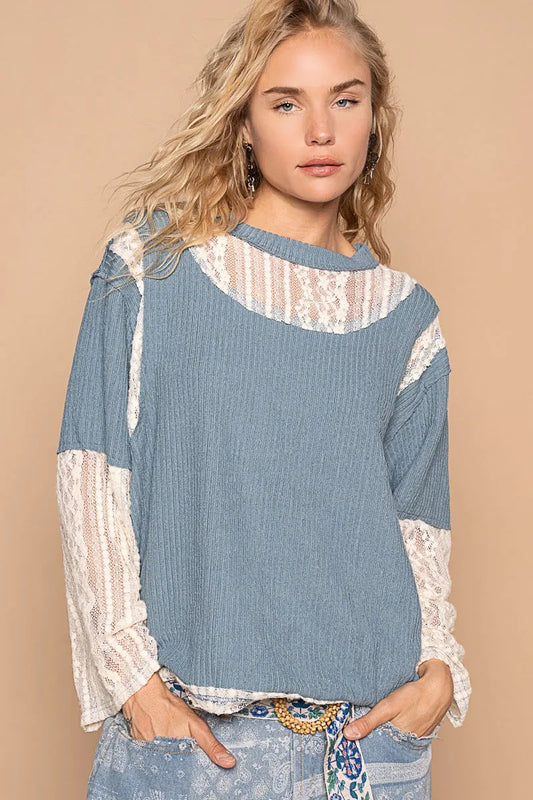 Cornflower Blue Lace Panel Round Neck Long Sleeve Top