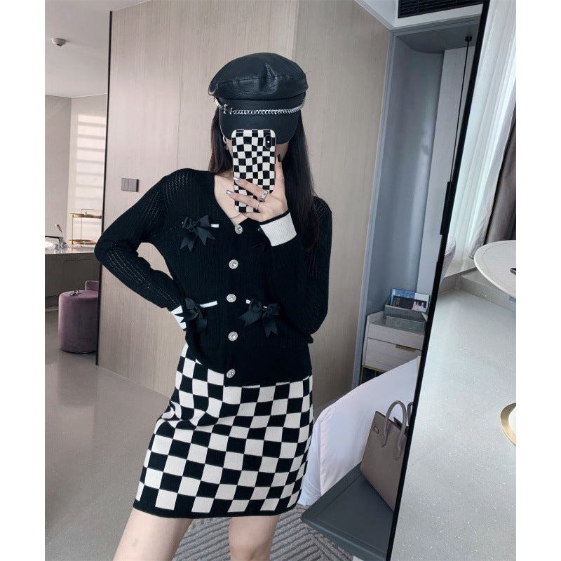 Checkerboard Knitted  High Waist  Skirt